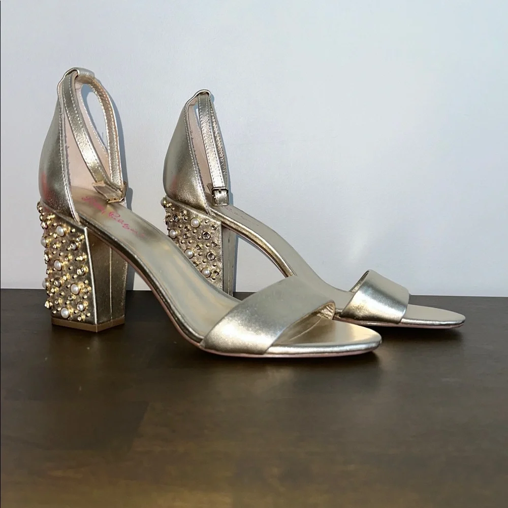 Lilly Pulitzer Amber Lynn Gold Embellished Sandal Block Heel Size 10 - Picture 3 of 13